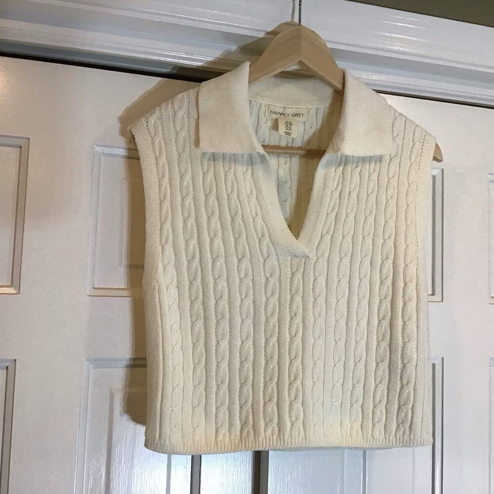 Cable Knit Collared Tennis Sweater V Neck Women Sz M Ivy Golf Preppy Old Money
